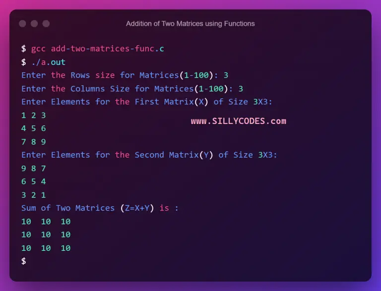 Addition Of Two Matrices In C Language Sillycodes