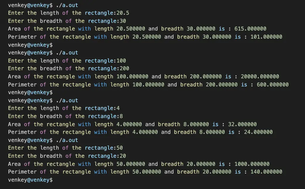 Program to calculate Perimeter and Area of Rectangle in C Language