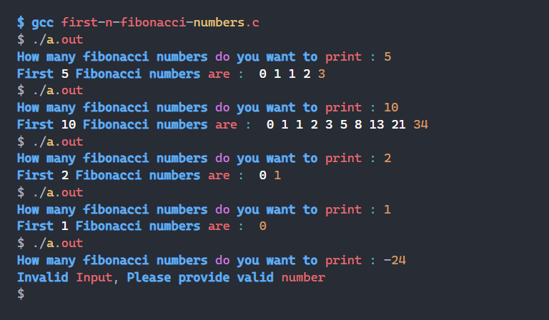 First-n-fibonacci-numbers-in-c-program-output