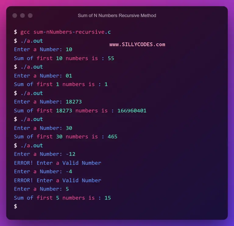 Calculate Sum of N Natural Numbers in C using Recursion