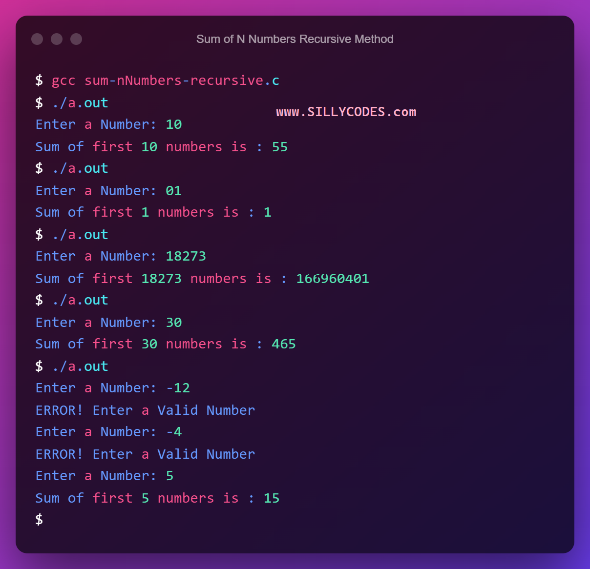 Calculate Sum Of N Natural Numbers In C Using Recursion