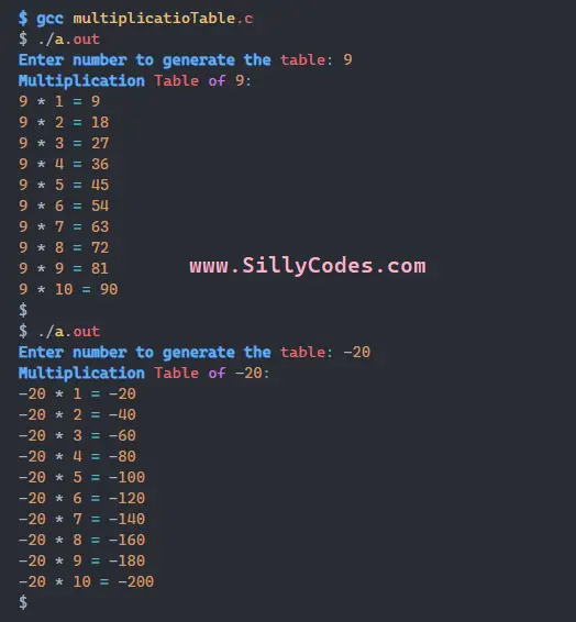 mutliplication-table-program-in-c-using-for-loop-output