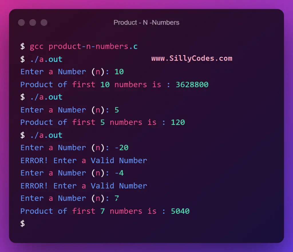 product-of-n-numbers-using-recursion-in-c-language-program-output