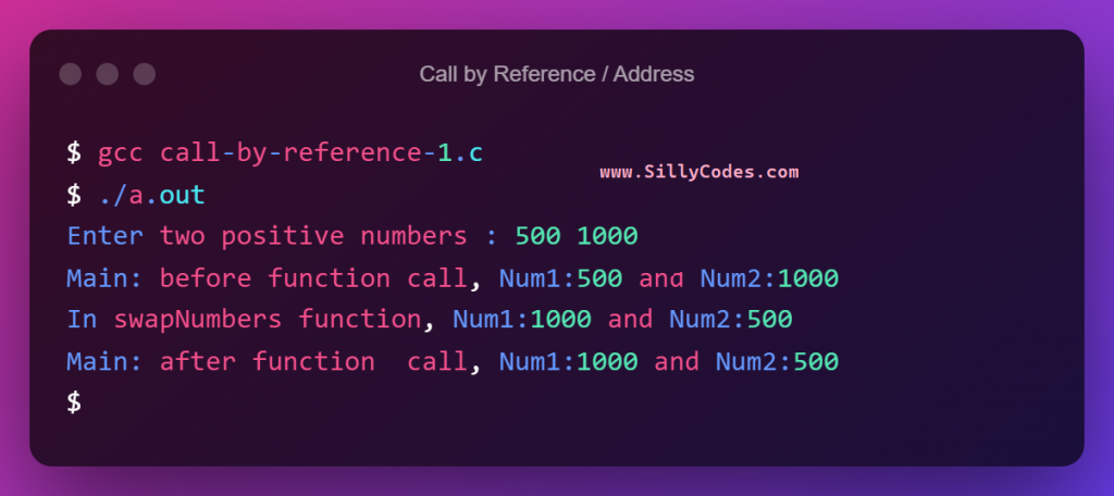 swap-numbers-using-call-by-address-or-reference-in-c