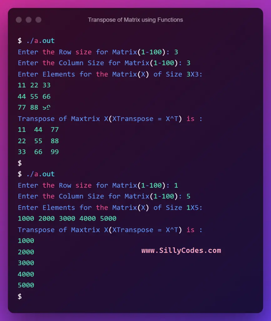 Transpose-of-matrix-using-functions-program-output