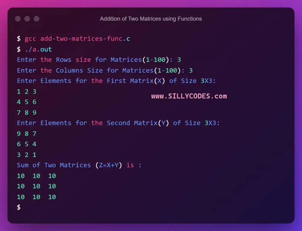 addition-of-two-matrices-using-functions-in-c-program-output