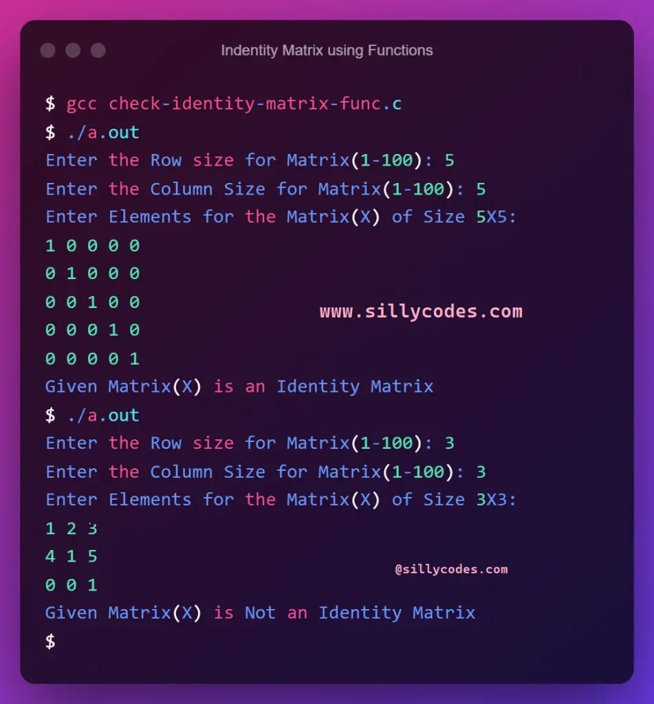 check-identity-matrix-using-functions-program-output