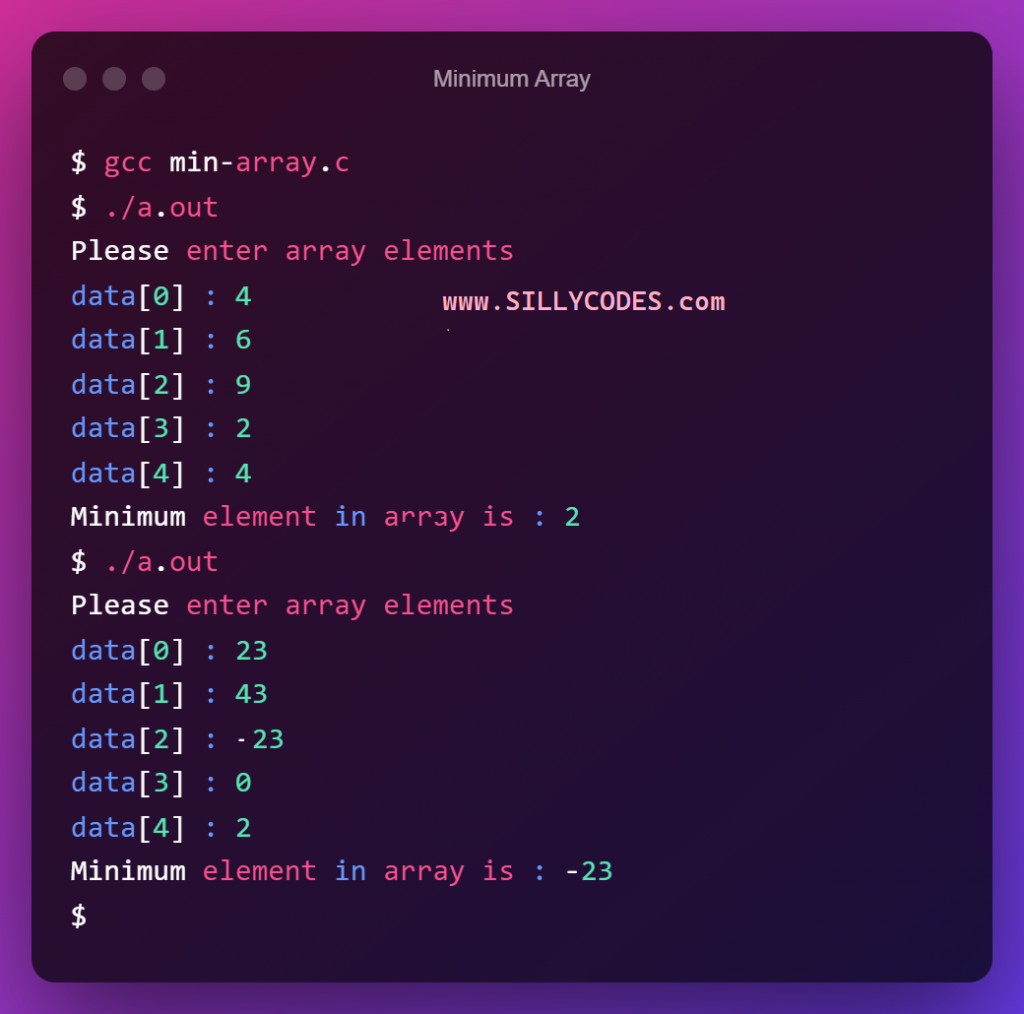 find-minimum-element-in-array-in-c-program-output