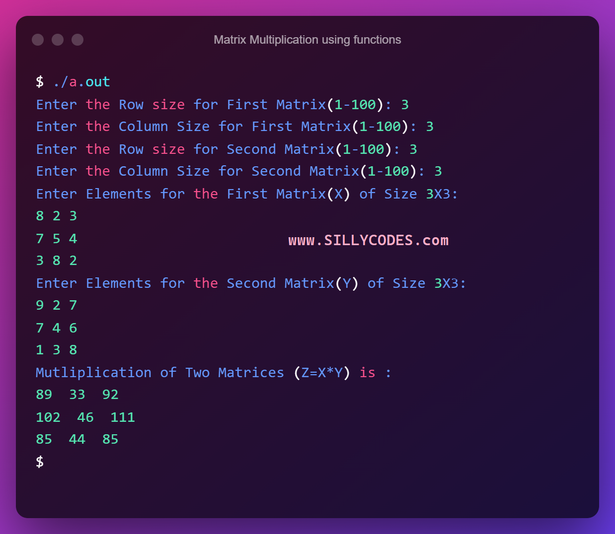 Multiplication of Two Matrices in C Program