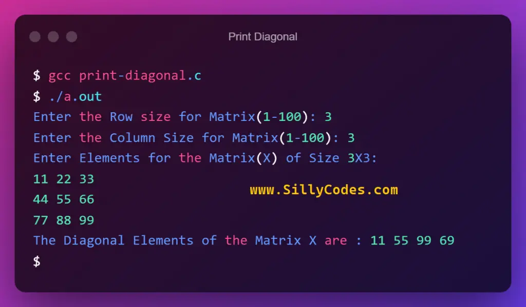 print-diagonal-elements-of-matrix-in-c-program-output