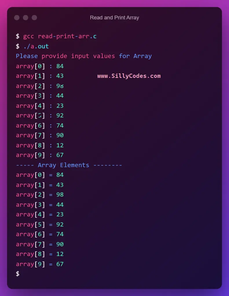 read-and-print-array-in-c-program-output