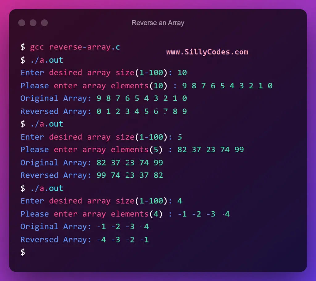 reverse-array-in-c-program-output