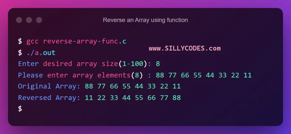 reverse-array-using-function-in-c-program-output