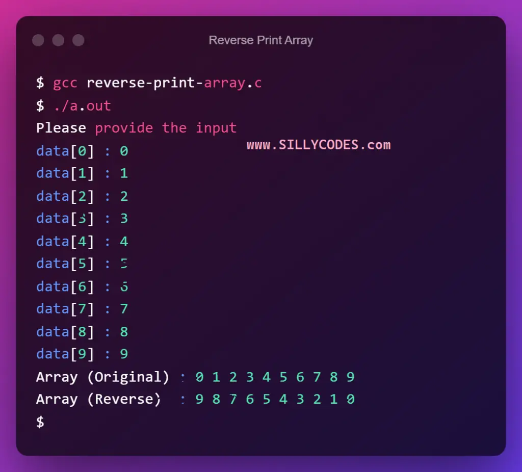 reverse-print-array-in-c-program-output