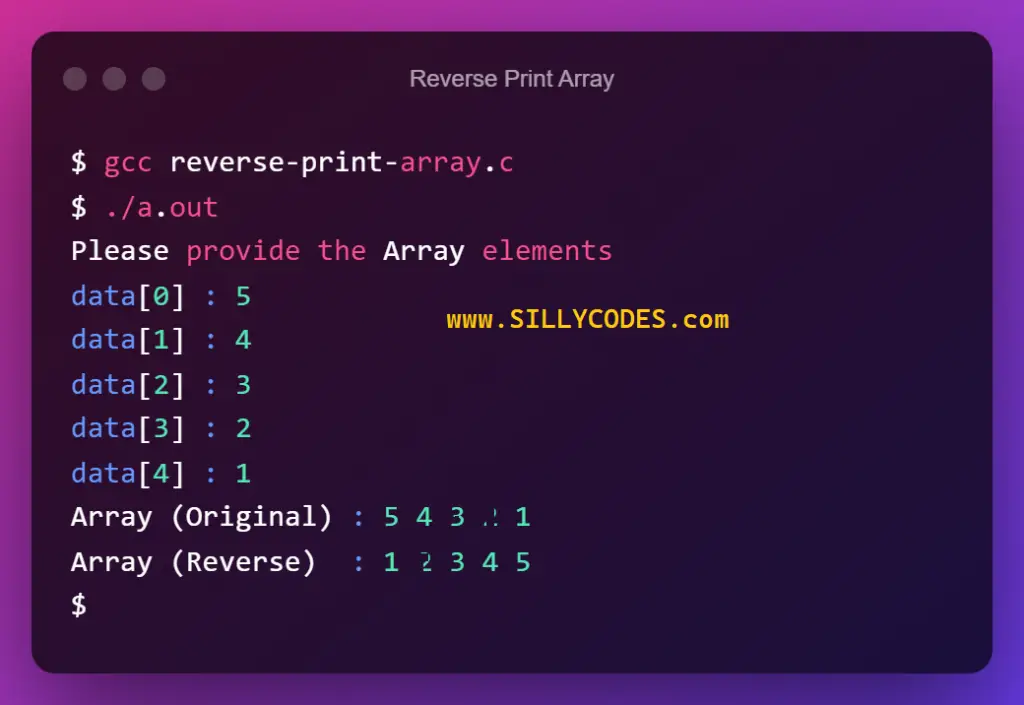 reverse-print-array-using-functions-in-c