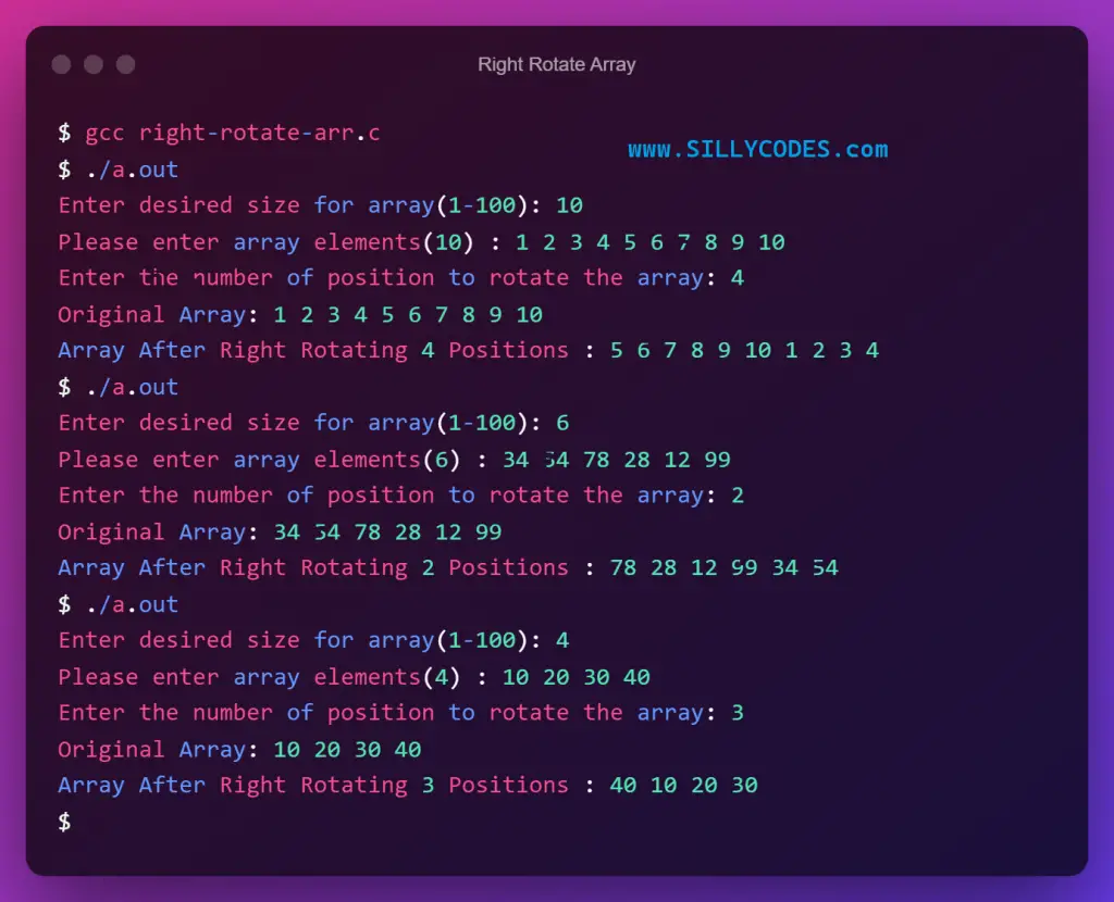 right-rotation-of-array-in-c-program-output