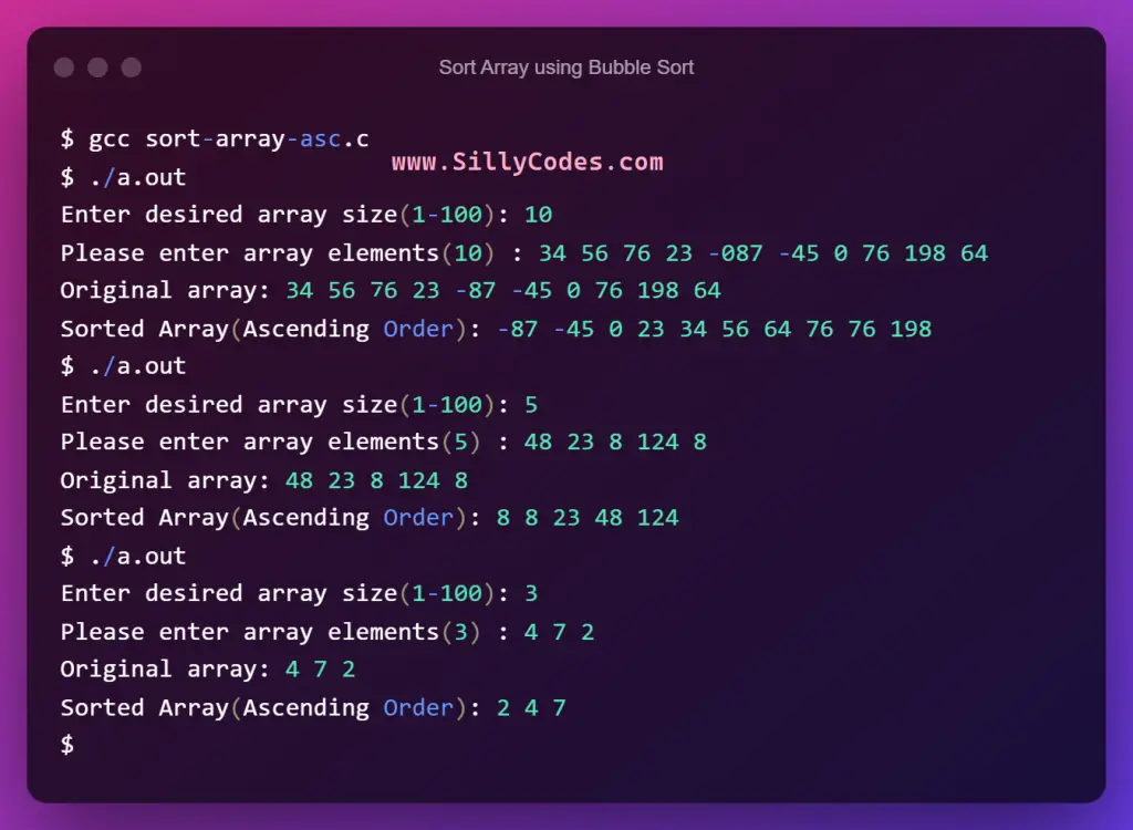 sort-array-in-ascending-order-in-c-program-output