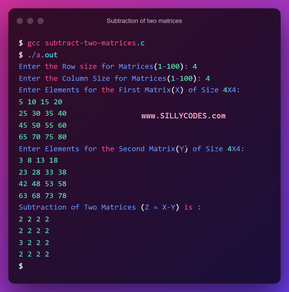 subtraction-of-two-matrices-in-c-program-output