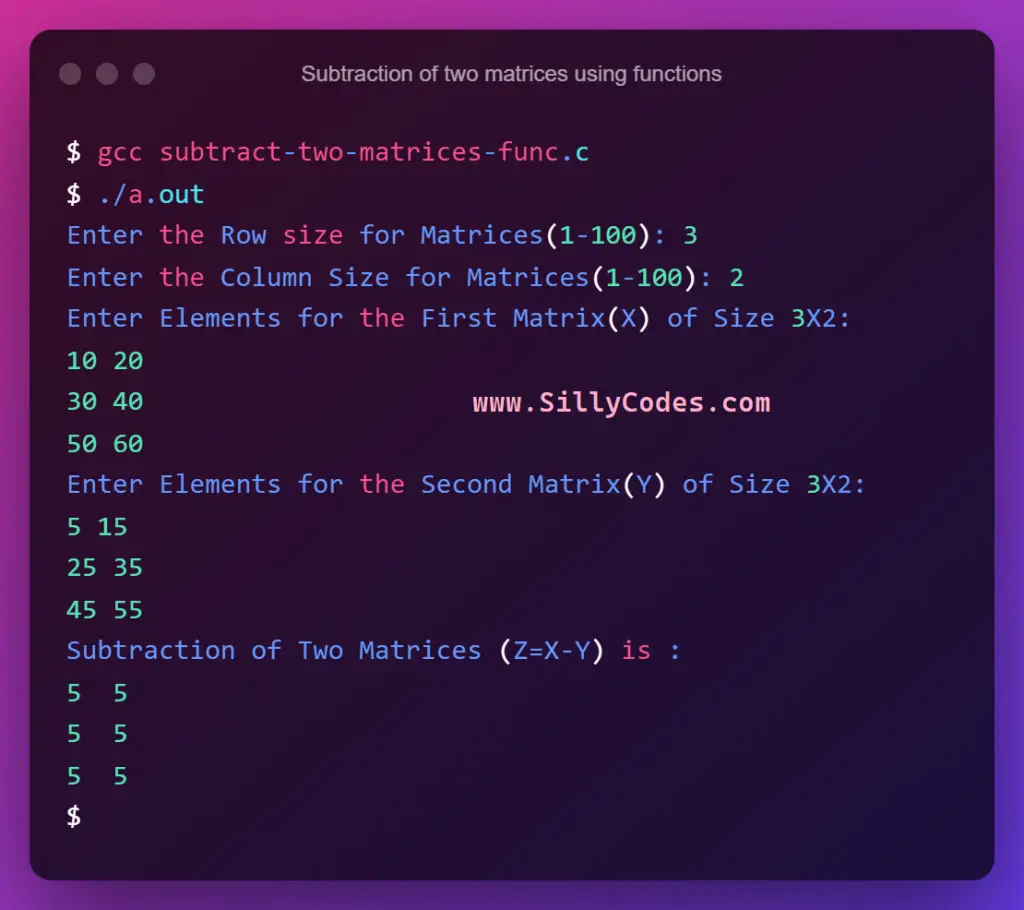 subtract-of-two-matrices-using-functions-program-output