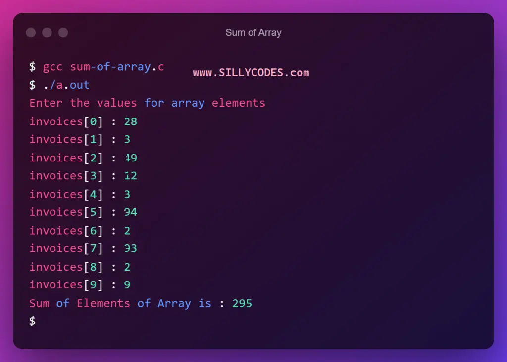 sum-of-array-program-in-c-output