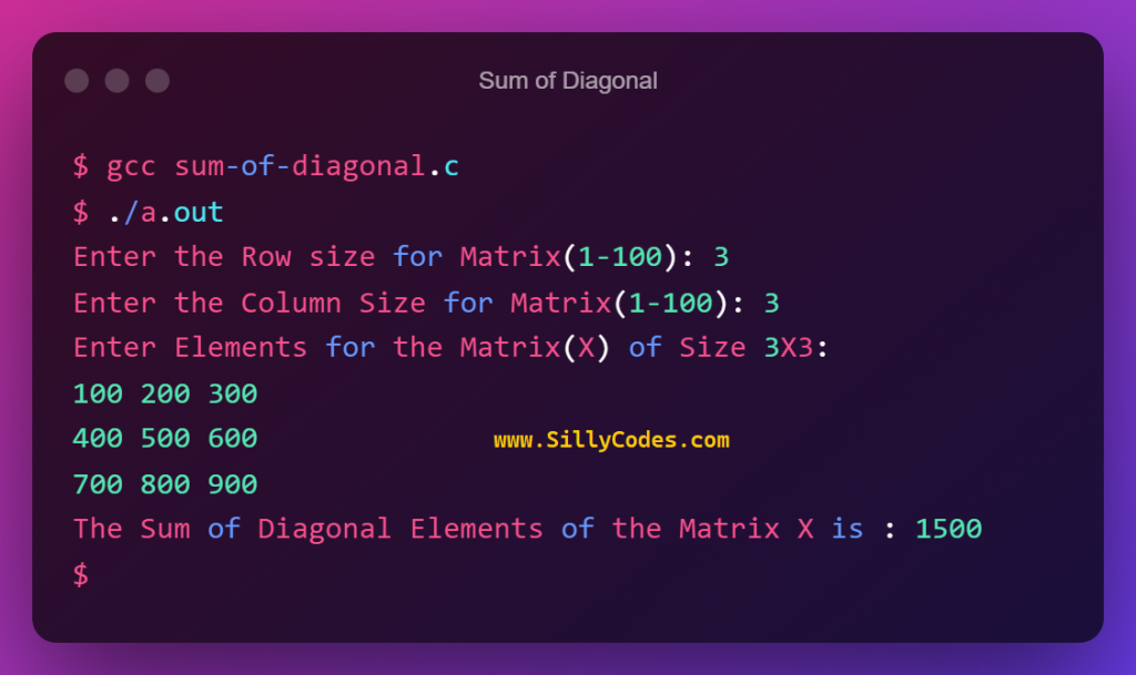 sum-of-diagonal-elements-of-matrix-in-c-program-output