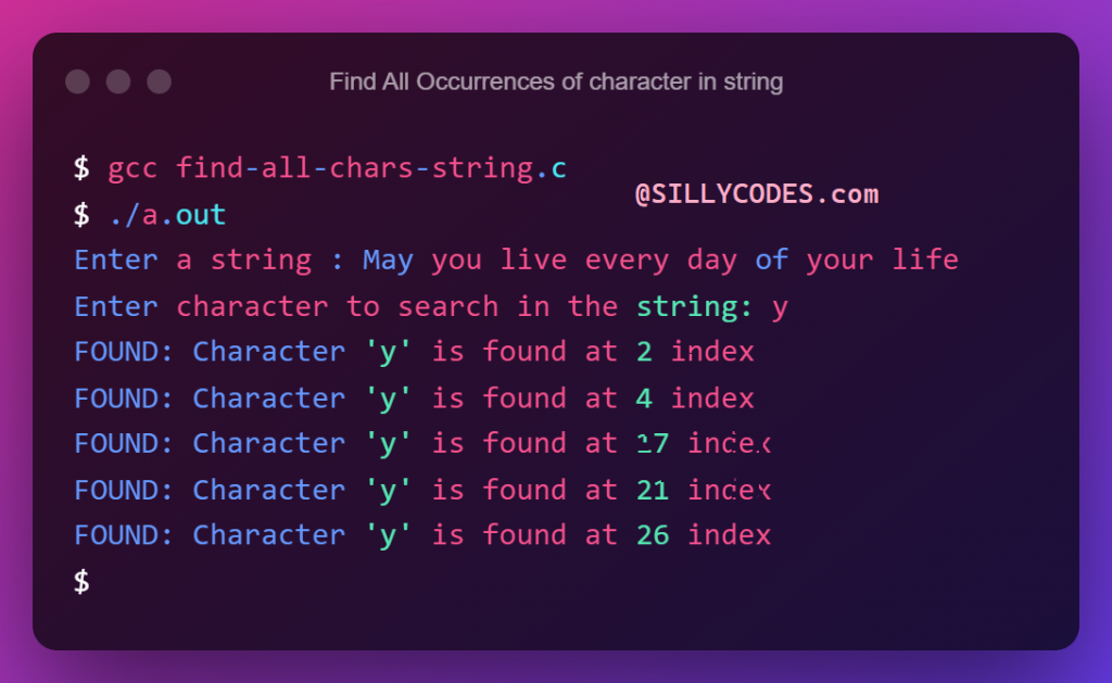Find-all-Occurrences-of-Character-in-String-in-C-Iterative-Method