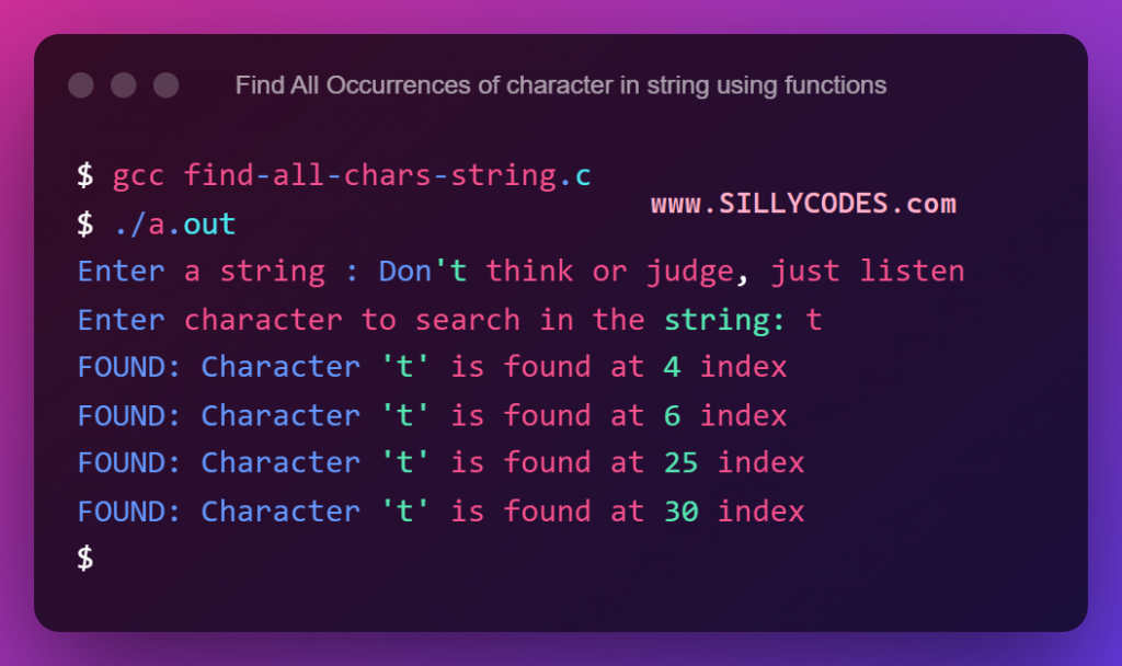 Find-all-Occurrences-of-Character-in-string-using-functions
