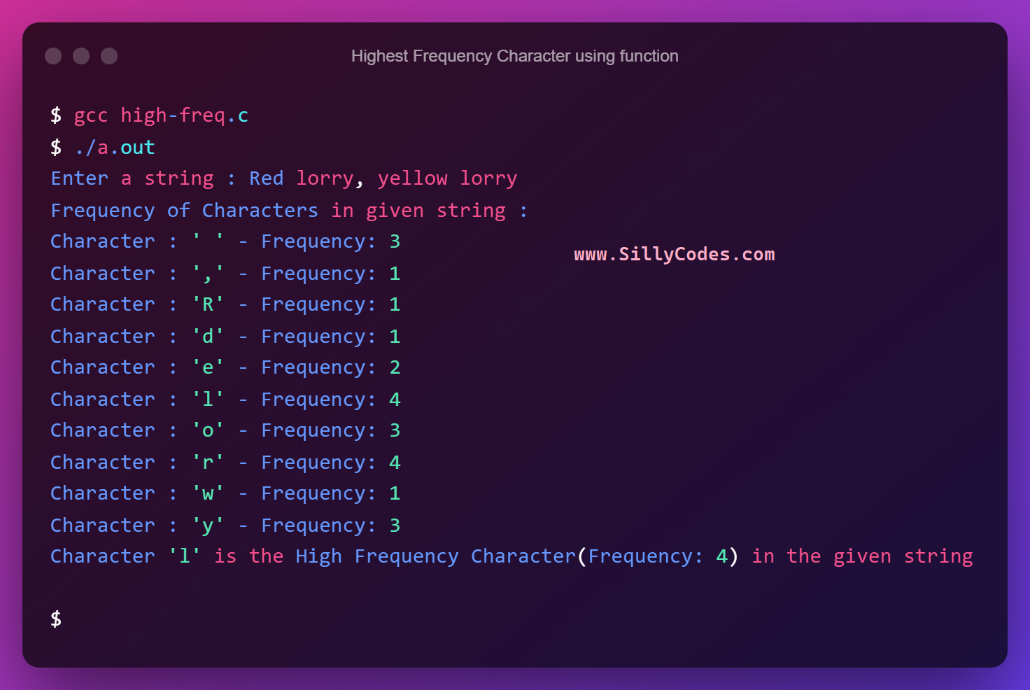 Highest Frequency Character In A String In C