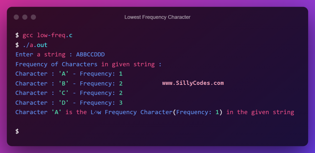 Lowest-Frequency-Character-in-a-string-in-c-program-output