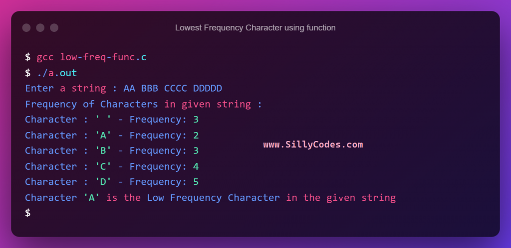 Lowest-Frequency-Character-in-a-string-using-functions