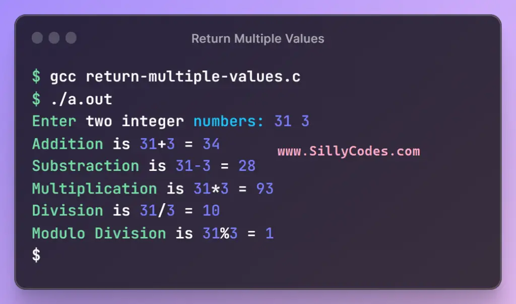 return-multiple-values-from-a-function-in-c-program-output
